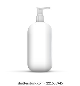 Plastic Clean White Bottle With Dispenser Pump. Shower Gel, Liquid Soap, Lotion, Cream, Shampoo, Bath Foam. Ready For Your Design. Illustration Isolated On White Background.