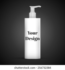 Plastic Clean White Bottle With Dispenser Pump. Shower Gel, Liquid Soap, Lotion, Cream, Shampoo, Bath Foam. Ready For Your Design. Illustration Isolated On Black Background.