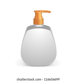 Plastic Clean White Bottle With Yellow Dispenser Pump. Shower Gel, Liquid Soap, Lotion, Cream, Shampoo, Bath Foam. Ready For Your Design. Illustration Isolated On White Background. Vector EPS10