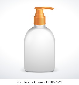 Plastic Clean White Bottle With Yellow Dispenser Pump. Shower Gel, Liquid Soap, Lotion, Cream, Shampoo, Bath Foam. Ready For Your Design. Illustration Isolated On White Background. Vector EPS10