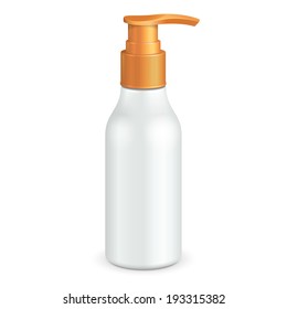 Plastic Clean White Bottle With Yellow Dispenser Pump. Shower Gel, Liquid Soap, Lotion, Cream, Shampoo, Bath Foam. Ready For Your Design. Illustration Isolated On White Background. Vector EPS10 