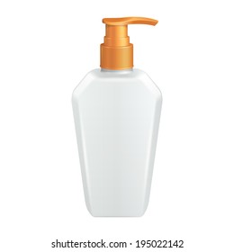 Plastic Clean White Bottle With Yellow Dispenser Pump. Shower Gel, Liquid Soap, Lotion, Cream, Shampoo, Bath Foam. Ready For Your Design. Illustration Isolated On White Background. Vector EPS10 