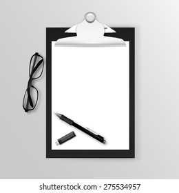 plastic clipboard with blank paper sheet and pen isolated on white