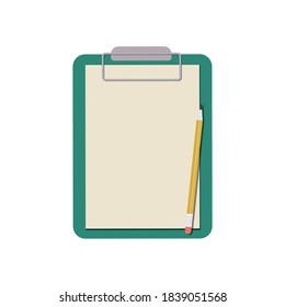 A plastic clipboard folder with a blank sheet of white paper and a simple pencil attached to it. Vector illustration, flat cartoon color minimal design isolated on white background, eps 10.