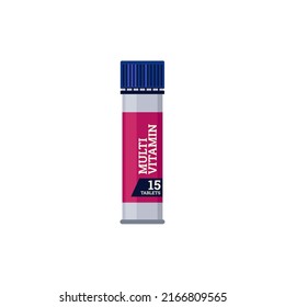 Tubo de comprimido cerrado de plástico con estilo plano multivitamínico, ilustración vectorial aislada en fondo blanco. Etiqueta rosa, concepto de suplemento deportivo, asistencia sanitaria