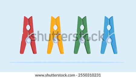 Plastic clothes pegs in various colors, clothes drying equipment illustration, suitable for posters and web icons