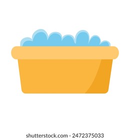 Plastic clothes washing basin icon, detergent soapy foam on plastic laundry tub, household cleaning supplies, flat design vector illustration