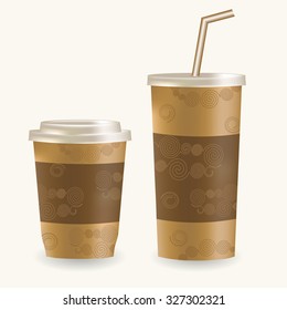 Plastic coffee cup ans disposable cup for beverages with straw over white background. Vector illustration