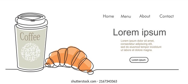 Plastic coffee cup and croissant continuous one line drawing. Breakfast theme with linear pastry and coffee for logo and posters, simple sketch design. Vector illustration with quote template.