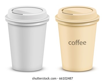Plastic coffee cup with lid. Two color variations.