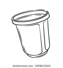 Plastic coffee cup line icon. Hand drawn retro disposable package for takeout drink, portable takeaway container. Street cafe, restaurant mascot, outline container for coffee icon vector illustration