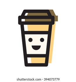 Plastic coffee cup with smiling face flat vector icon on white background. Funny character. For cafe and restaurant