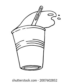 Eine Plastikkaffee. Kaffee zum Mitnehmen. Kaffee vom Automaten. Vektorgrafik mit Logo auf weißem Hintergrund. 