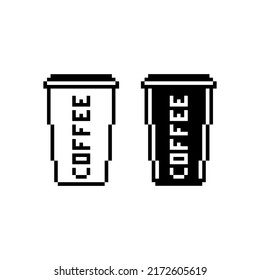 Juego de iconos vectoriales de taza de café plástica. Logo de 8 bits de arte de píxeles. eps10
