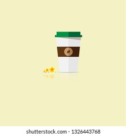 Plastic coffee cup vector illustration isolated on soft yellow background and beautiful blossom yellow flower.