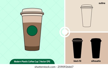 Plastic Coffee Cup vector illustration in 4 variation flat icon style, lineal color, outline, black fill, and silhouette. Top choice Street Drink graphic element. Suitable for business or decoration.