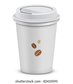 Plastic coffee cups with lid and coffee beans. Vector illustration