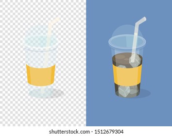 Plastic Coffee Cups on transparent and blue background. Empty and full. Flat vector illustration.