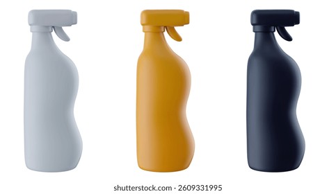 Plastic color empty spray bottle for household cleaning chemical or industrial liquid in 3d realistic style. Glossy design element different color for mockup branding. Vector illustration.