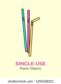 Plastic color straws. Vector illustration single-use recycling plastic item. Disposable plastic straws. Isolated  straws flat logo, ecological poster, postcard, banner, pollution environment concept.