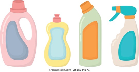 Plastic colorful detergent containers isolated on white background. Illustration with cleaning product bottles