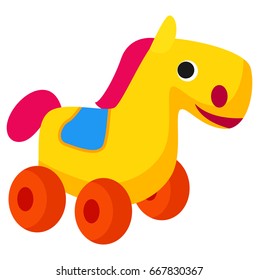 Plastic colorful horse toy on red wheels isolated on white. Close up vector illustration of cute plaything animal for children