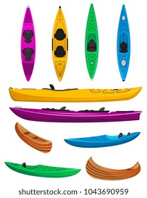 Plastic colorful kayaks with isolated set. Rafting, kayaking, paddling and canoeing outdoor activity. Extreme water sport, relaxation on river or lake, adventure by boat vector illustration.