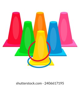 Plastic colorful sports cones with hoops for activity game. Throw rings game. Fun active game cartoon vector illustration isolated on white background. Activity floor game.