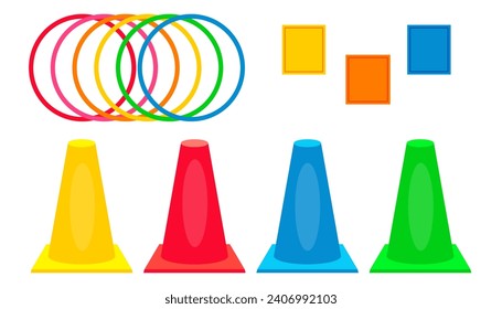 Conos deportivos plásticos coloridos con aros y bolsas para el juego de actividades. Juego de anillos de hilera. Dibujo vectorial de dibujos animados de juegos divertidos aislado en fondo blanco. Juego de piso de actividad.