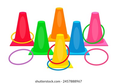 Plastic colorful sports cones with hoops for activity game. Activity floor game. Throw rings game. Fun active game cartoon vector illustration isolated on white background.