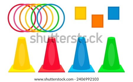 Plastic colorful sports cones with hoops and bags for activity game. Throw rings game. Fun active game cartoon vector illustration isolated on white background. Activity floor game.