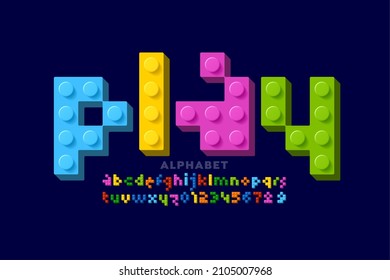 Plastic construction blocks 3d font, colorful toy alphabet letters and numbers vector illustration