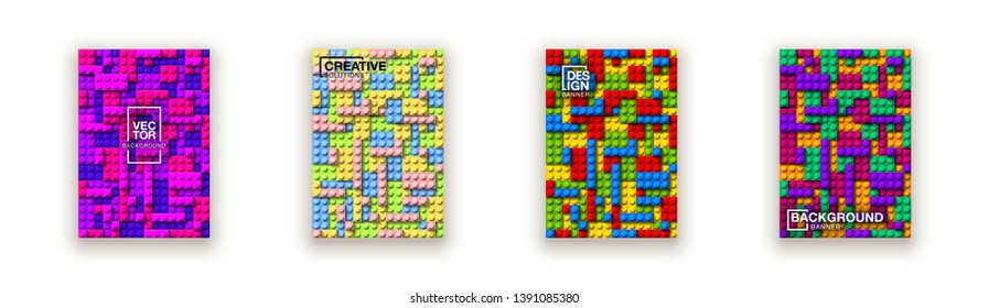 Plastic construction blocks background illustration isolated on white. Plastic bricks wall design banner set. colorful cover template page banner block building constructor realistic different parts