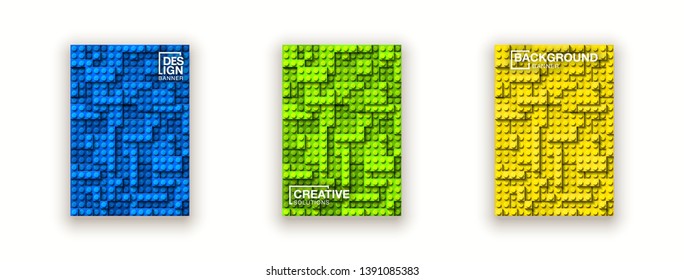 Plastic construction blocks background illustration isolated on white. Plastic bricks wall design banner set. colorful cover template page banner block building constructor realistic different parts