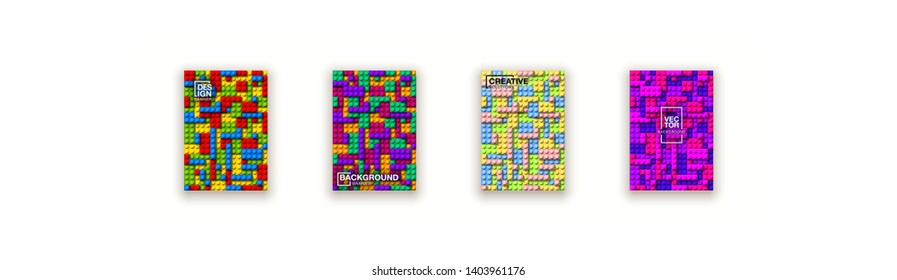 Plastic construction blocks background illustration isolated on white. Plastic bricks wall design banner set. colorful cover template page banner block building constructor realistic different parts