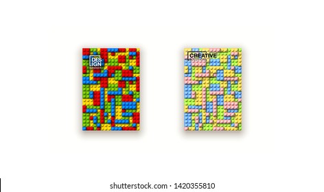 Plastic construction blocks background illustration isolated on white. Plastic bricks wall design banner set. colorful cover template page banner block building constructor realistic different parts