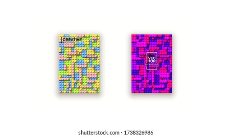 La construcción de plástico bloquea la ilustración de fondo aislada en blanco. Banner de diseño de pared de ladrillos de plástico. plantilla de portada colorida página bloque de construcción constructor de banners realista partes diferentes