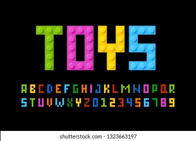 Plastic Construction Blocks Font, Alphabet Letters And Numbers Vector Illustration