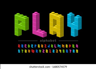 Plastic construction blocks font, alphabet letters and numbers vector illustration