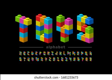 Plastic construction blocks font, alphabet letters and numbers vector illustration