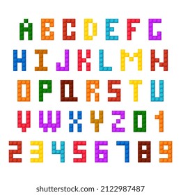 Plastic construction blocks font, alphabet letters and numbers