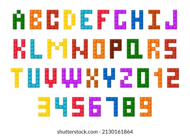 Plastic construction blocks font, alphabet letters and numbers