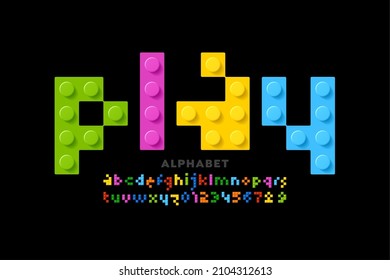 Plastic construction blocks font, toy alphabet letters and numbers vector illustration