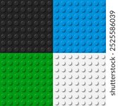 Plastic construction plate. Black, blue, green and white plastic toy block background. Abstract vector seamless pattern