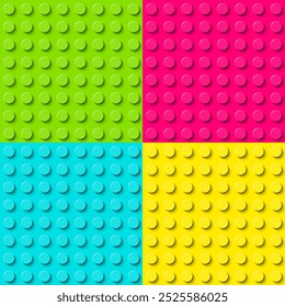 Kunststoffbauplatte. Grüner, rosafarbener, blauer und gelber Plastikspielzeugblock Hintergrund. Abstraktes, nahtloses Vektormuster