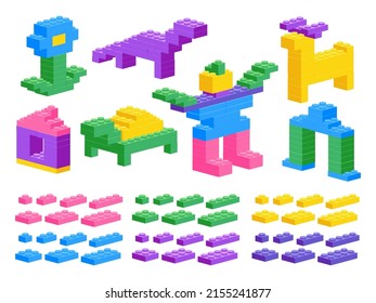 Juguete de construcción de plástico. La caricatura construye bloques de juego de rompecabezas, juguete de ladrillo geométrico preescolar. Juego aislado de piezas de juego para niños vectores. Ilustración del bloque de juguetes de plástico de juego