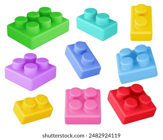 Ladrillos constructores de plástico conjunto aislado sobre fondo blanco. Vector ilustración realista de bloques de construcción de plástico colorido para juegos de educación, presente para niños, juguetes de desarrollo de creatividad