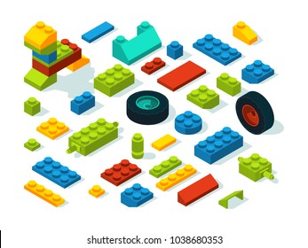 Plastic constructor isometric bricks isolate on white. Vector toy plastic cube, structure construction brick illustration