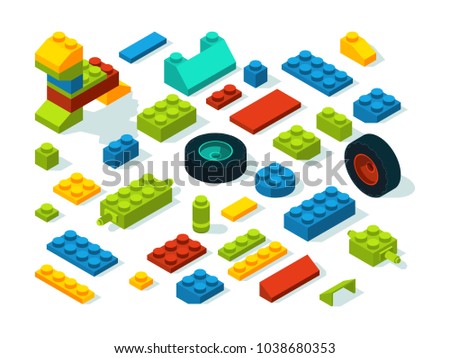 Plastic constructor isometric bricks isolate on white. Vector toy plastic cube, structure construction brick illustration