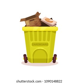 Plastic container with cardboard waste. Flat vector element for poster about popularization of sorting and processing of garbage